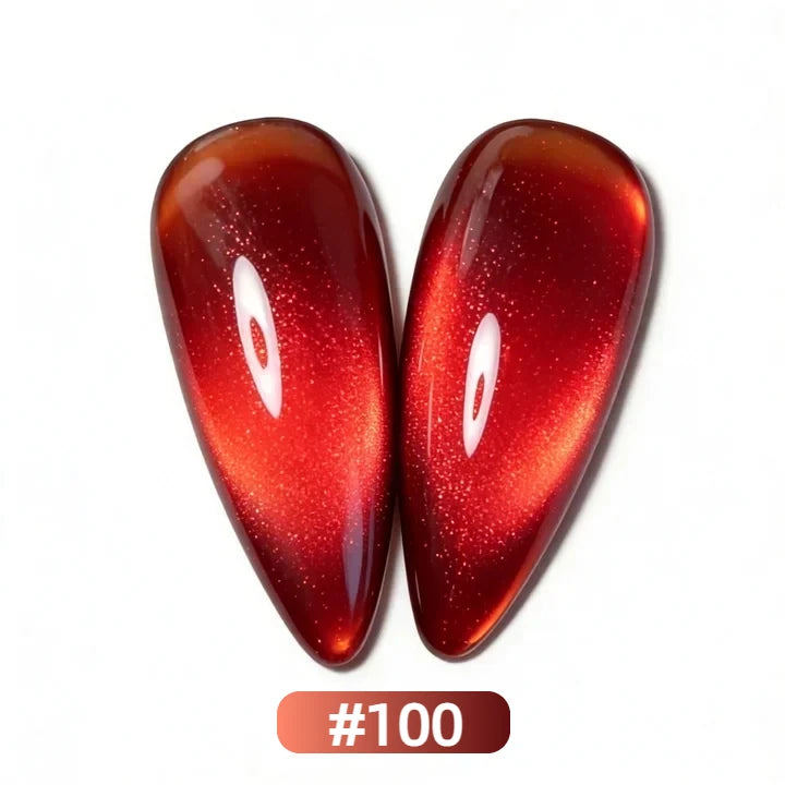 #100 Scarlet Witch magnetic cat eye gel polish featuring a powerful blend of red, maroon, and dark red tones that creates a dramatic 3D nail effect with luminous shimmer and reflective nail design, perfect for bold and seductive professional gel manicures with rich salon-quality shine and multidimensional depth.