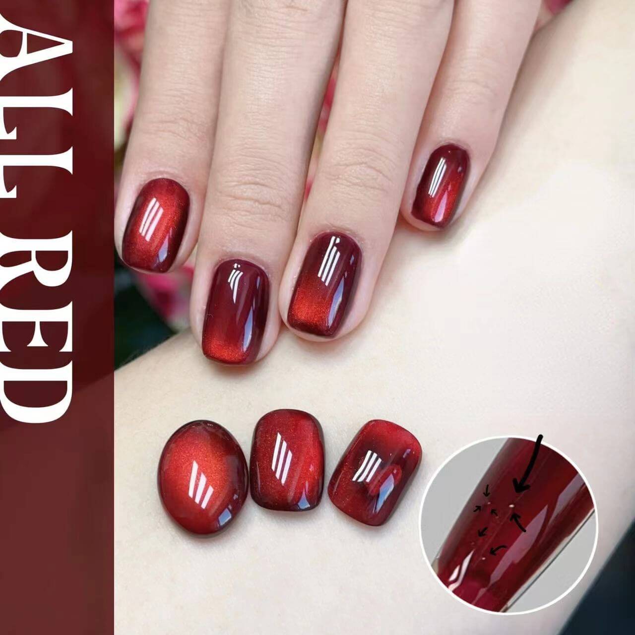#100 Scarlet Witch magnetic cat eye gel polish featuring a powerful blend of red, maroon, and dark red tones that creates a dramatic 3D nail effect with luminous shimmer and reflective nail design, perfect for bold and seductive professional gel manicures with rich salon-quality shine and multidimensional depth.