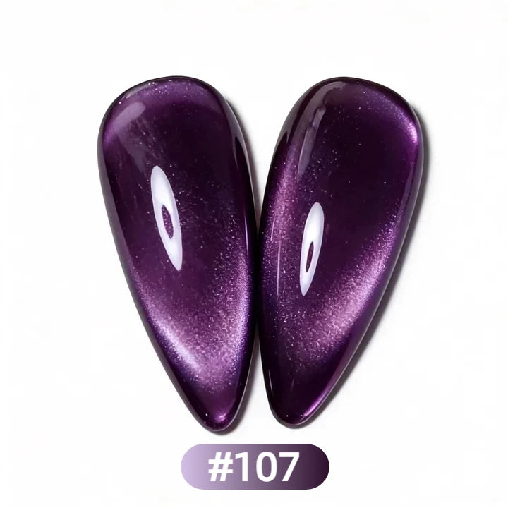 #107 Agatha Harkness deep plum purple magnetic cat eye gel polish featuring a rich plum tone that creates a dramatic 3D nail effect with luminous shimmer and reflective nail design, perfect for bold and mysterious professional gel manicures with intense salon-quality shine and multidimensional depth.