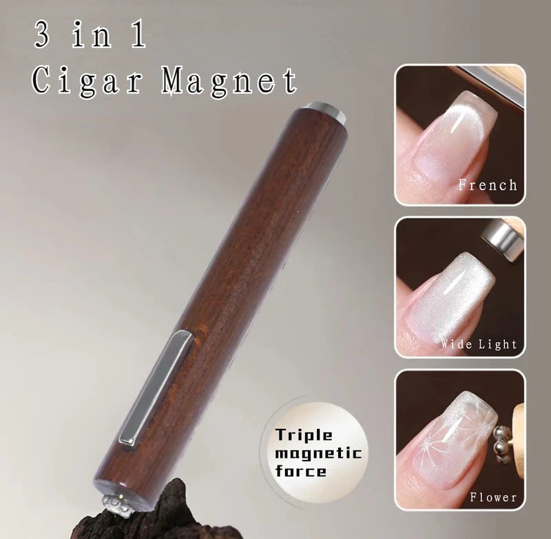 3 in 1 cigar cat eye magnet with wooden handle designed for magnetic cat eye gel polish, enabling versatile 3D nail effects with precise control, shimmering patterns, and reflective nail design for a detailed professional gel manicure with salon-quality results.