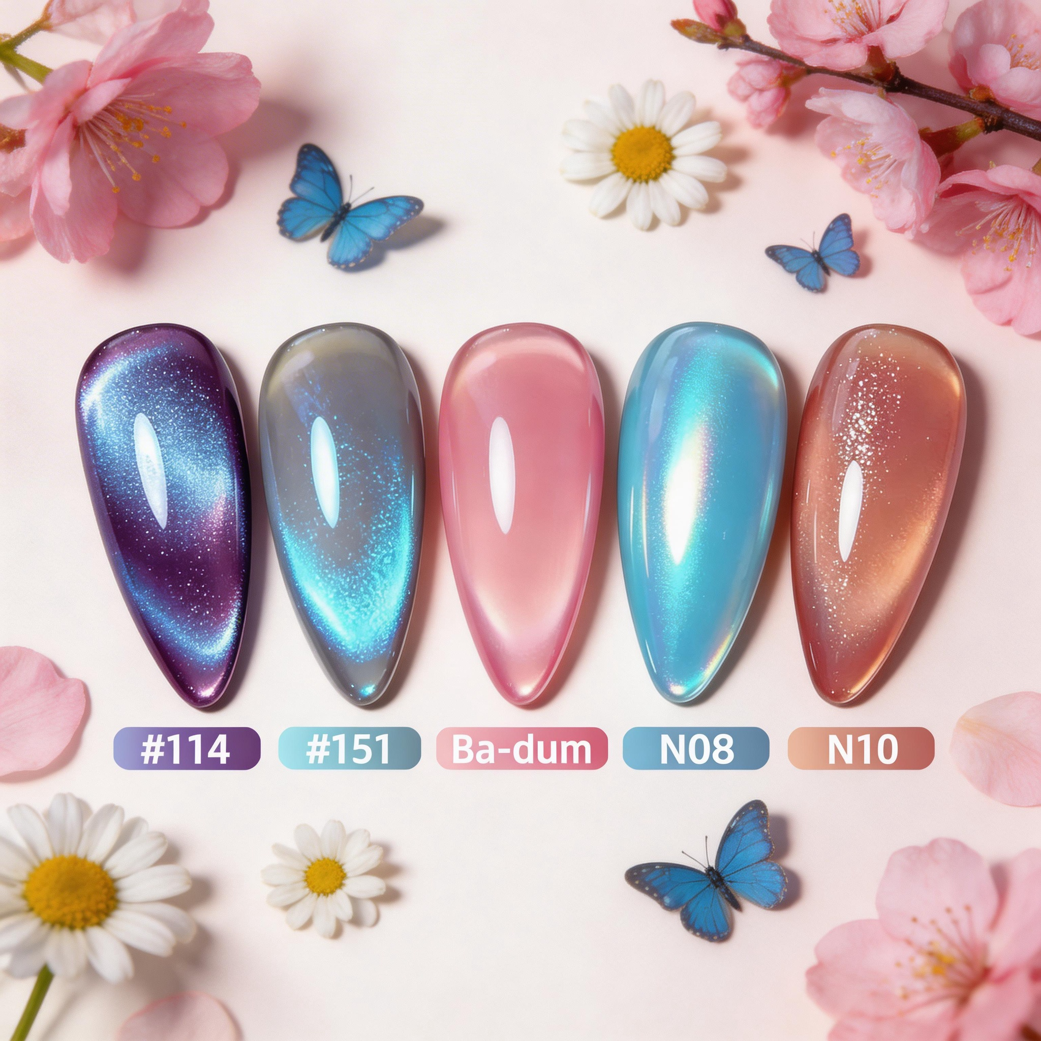 Spring Bloom 5-color cat eye gel polish set — peach, mint, pink, periwinkle, sea blue magnetic shimmer
