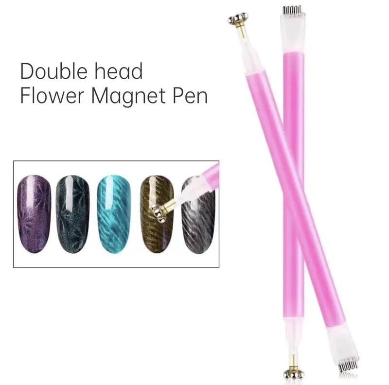 Double head flower magnet pen for magnetic cat eye gel polish designed to create delicate floral 3D nail effects with shimmering patterns and reflective nail design, perfect for achieving intricate, creative looks in a professional gel manicure with salon-quality precision.