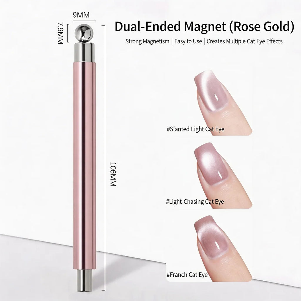 Double header ball cat eye magnet tool designed for magnetic cat eye gel polish, creating precise 3D nail effects with shimmering, reflective nail designs, ideal for achieving professional salon-quality gel manicures with intricate light-reflecting patterns.