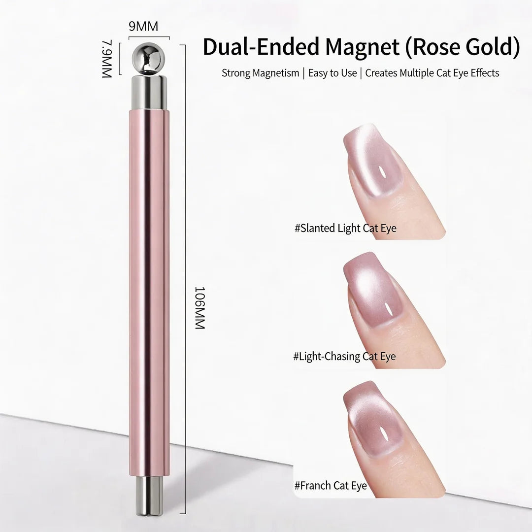 Double header ball cat eye magnet tool designed for magnetic cat eye gel polish, creating precise 3D nail effects with shimmering, reflective nail designs, ideal for achieving professional salon-quality gel manicures with intricate light-reflecting patterns.