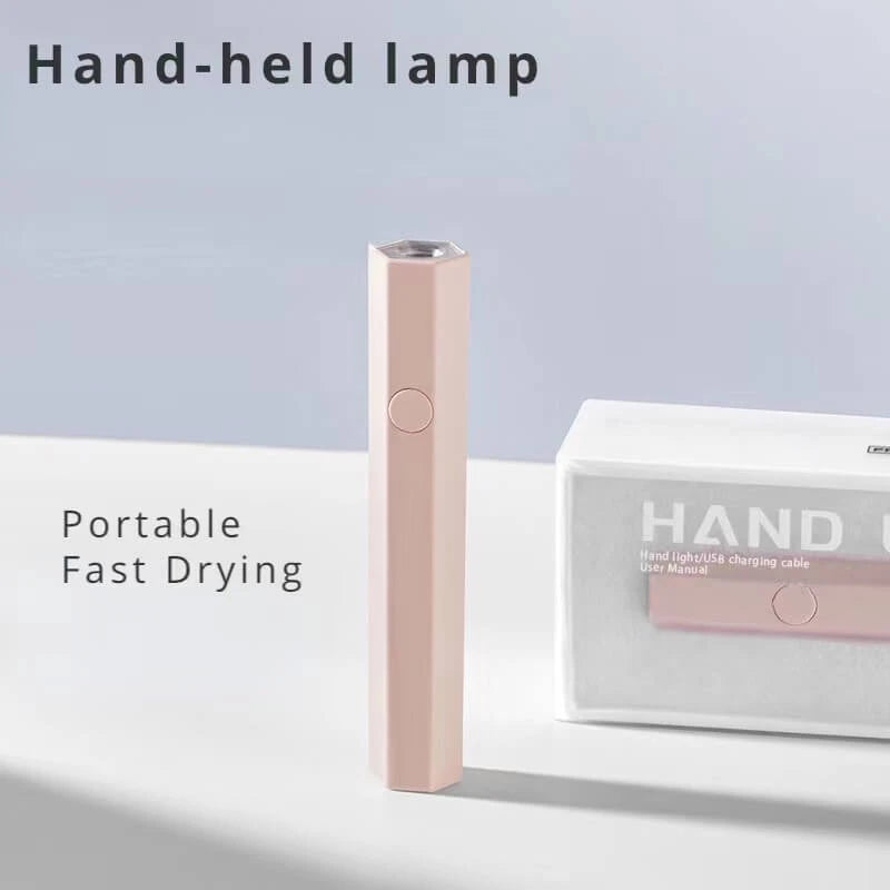 Hand hold hexagonal UV LED nail lamp mini flash cure light designed for quick curing of magnetic cat eye gel polish, ensuring smooth 3D nail effects with enhanced shimmer and reflective nail design for a precise, professional gel manicure with salon-quality results.