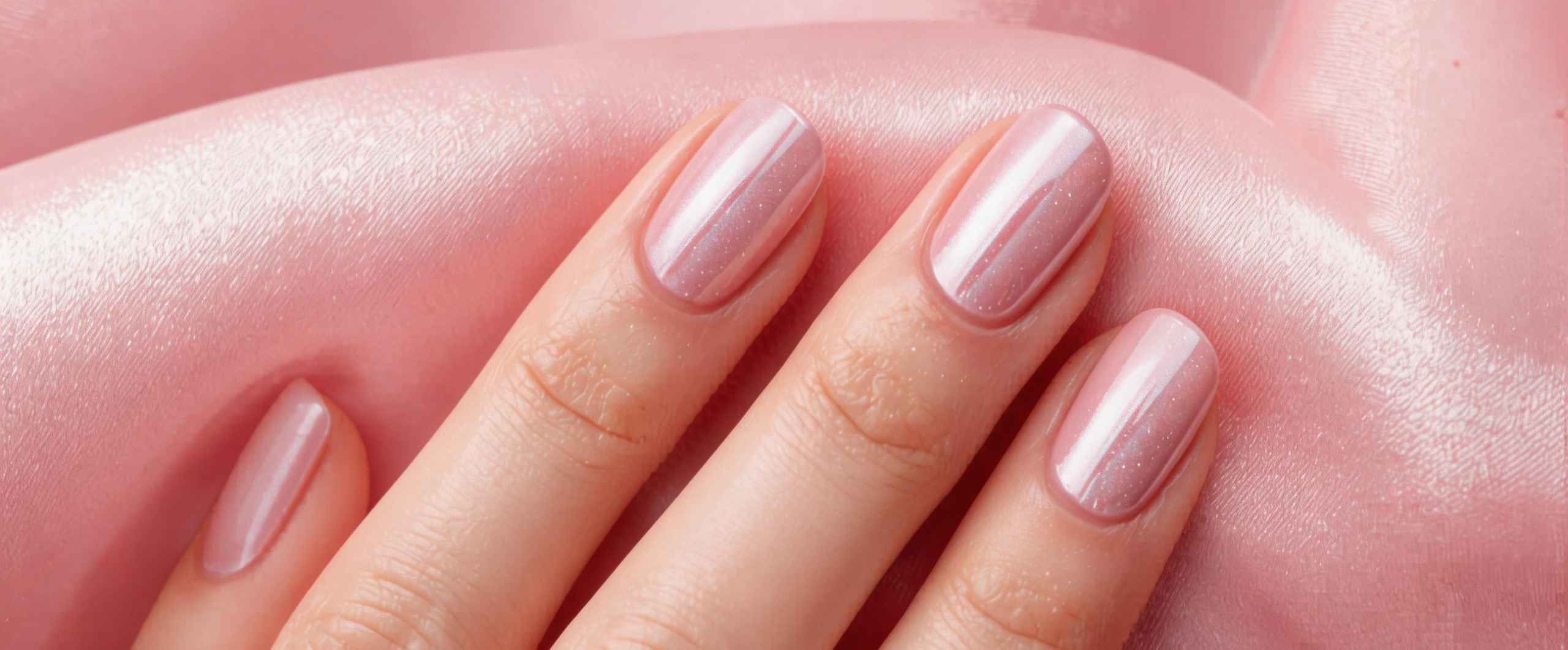 Close-up of a hand with pink cat eye nail polish on a pink background