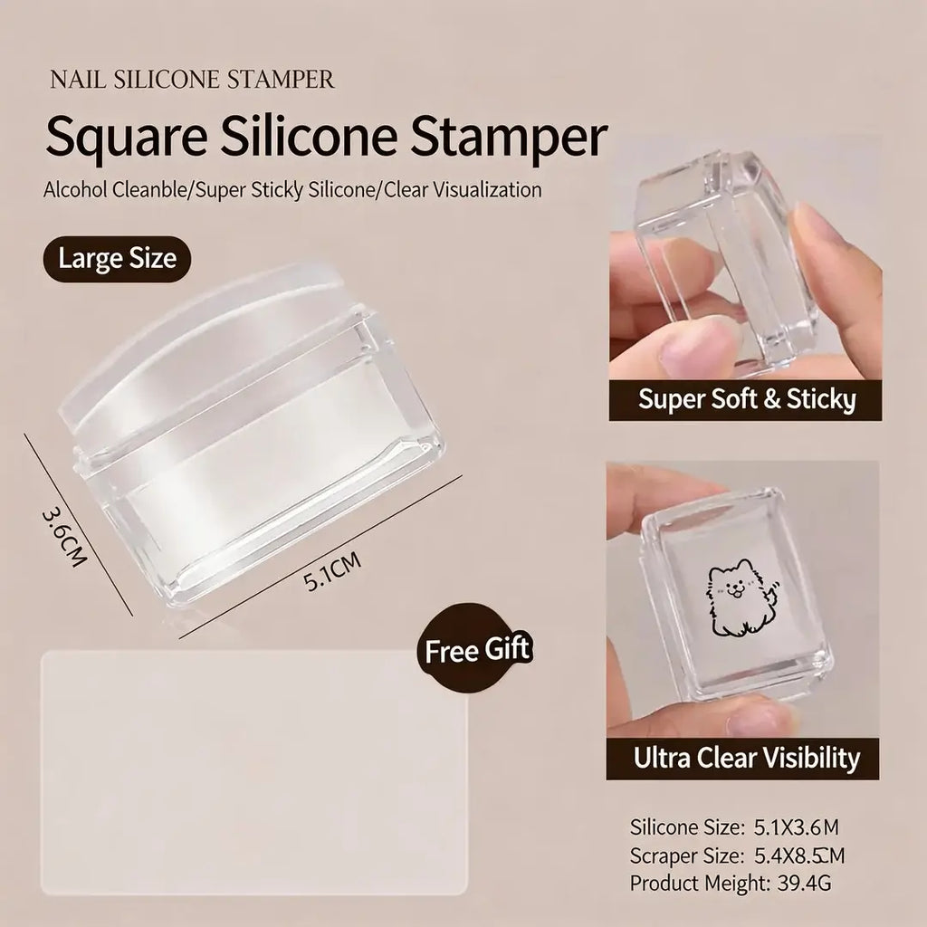 Large square nail art silicone stamper with scraper designed for use with magnetic cat eye gel polish, helping create precise 3D nail effects and reflective nail design, ideal for detailed stamping and achieving a clean professional gel manicure with salon-quality results.