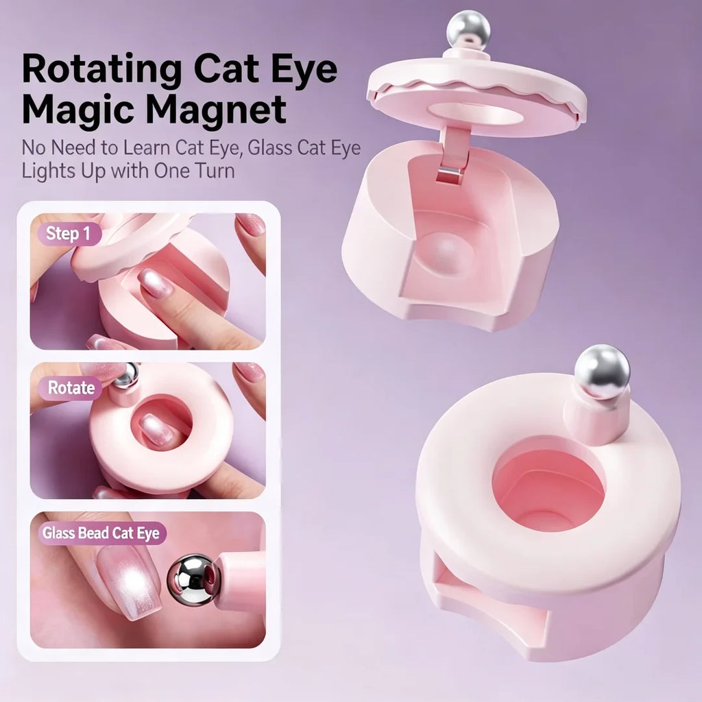 New Rotary Cat Eye Nail Magnet designed to create a stunning 3D glass bead effect on magnetic gel polish nails, featuring an easy-to-use rotating design for precise cat eye patterns, perfect for DIY and professional salon nail art.