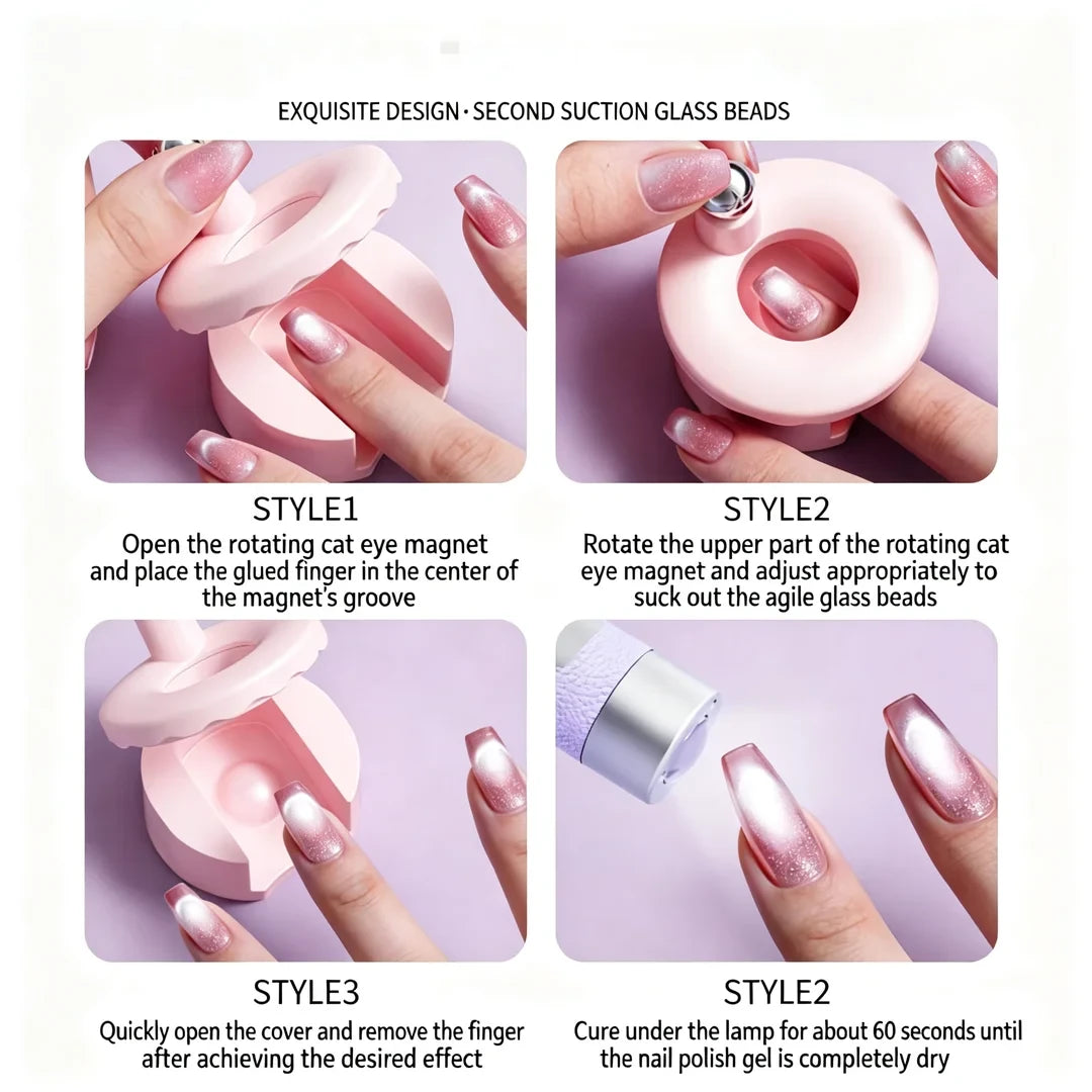 New Rotary Cat Eye Nail Magnet designed to create a stunning 3D glass bead effect on magnetic gel polish nails, featuring an easy-to-use rotating design for precise cat eye patterns, perfect for DIY and professional salon nail art.