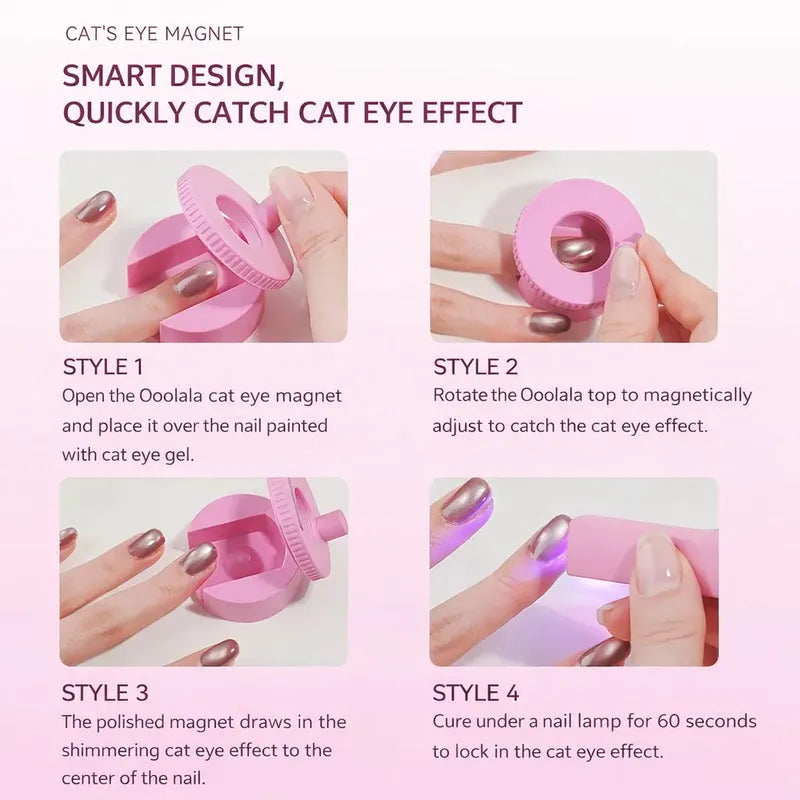 Rotary cat eye magnet bead effect nail art tool designed for magnetic cat eye gel polish, allowing precise control to create intricate 3D nail effects with shimmering, reflective nail designs for a flawless professional gel manicure with salon-quality detail.