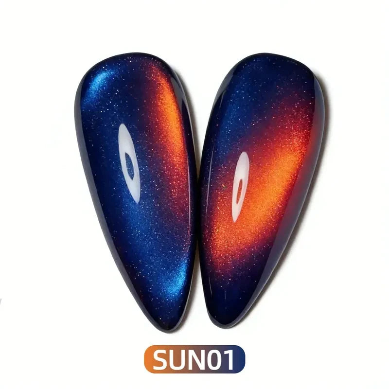 SUN 01 Sea Sunset cat eye gel magnetic cat eye gel polish featuring a warm orange and pink gradient with a luminous 3D nail effect, shimmering particles, and reflective nail design for a radiant professional gel manicure with sunset-inspired depth and glow.